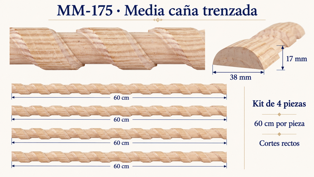 Kit 8 Molduras Media Caña Grabadas MM-175 de Madera | 55 cm c/u | Pino Natural