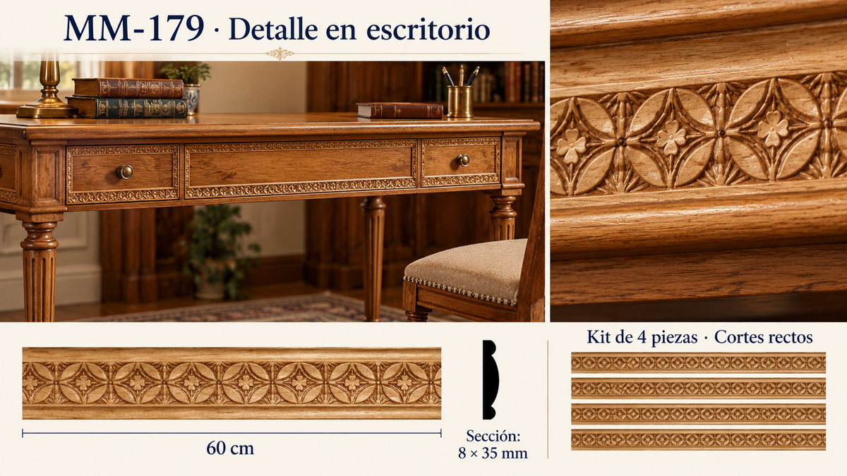Moldura de madera grabada para mueble MM-179 – Kit de 4 Piezas