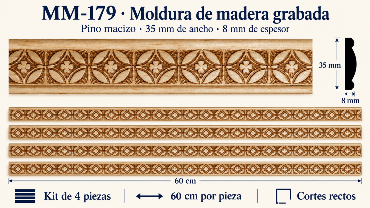 Moldura de madera grabada para mueble MM-179 – Kit de 4 Piezas