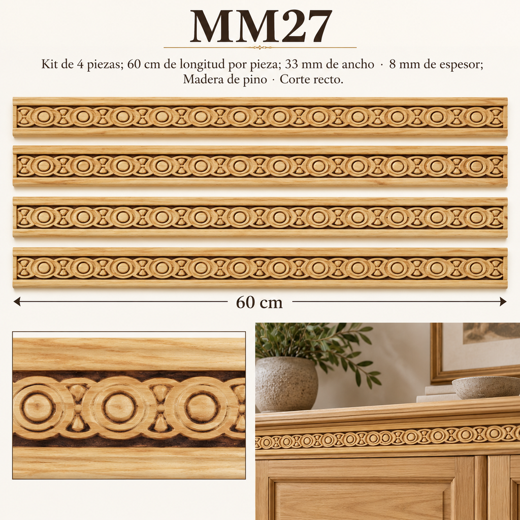 Moldura de madera grabada para mueble MM-27 – Kit de 4 piezas