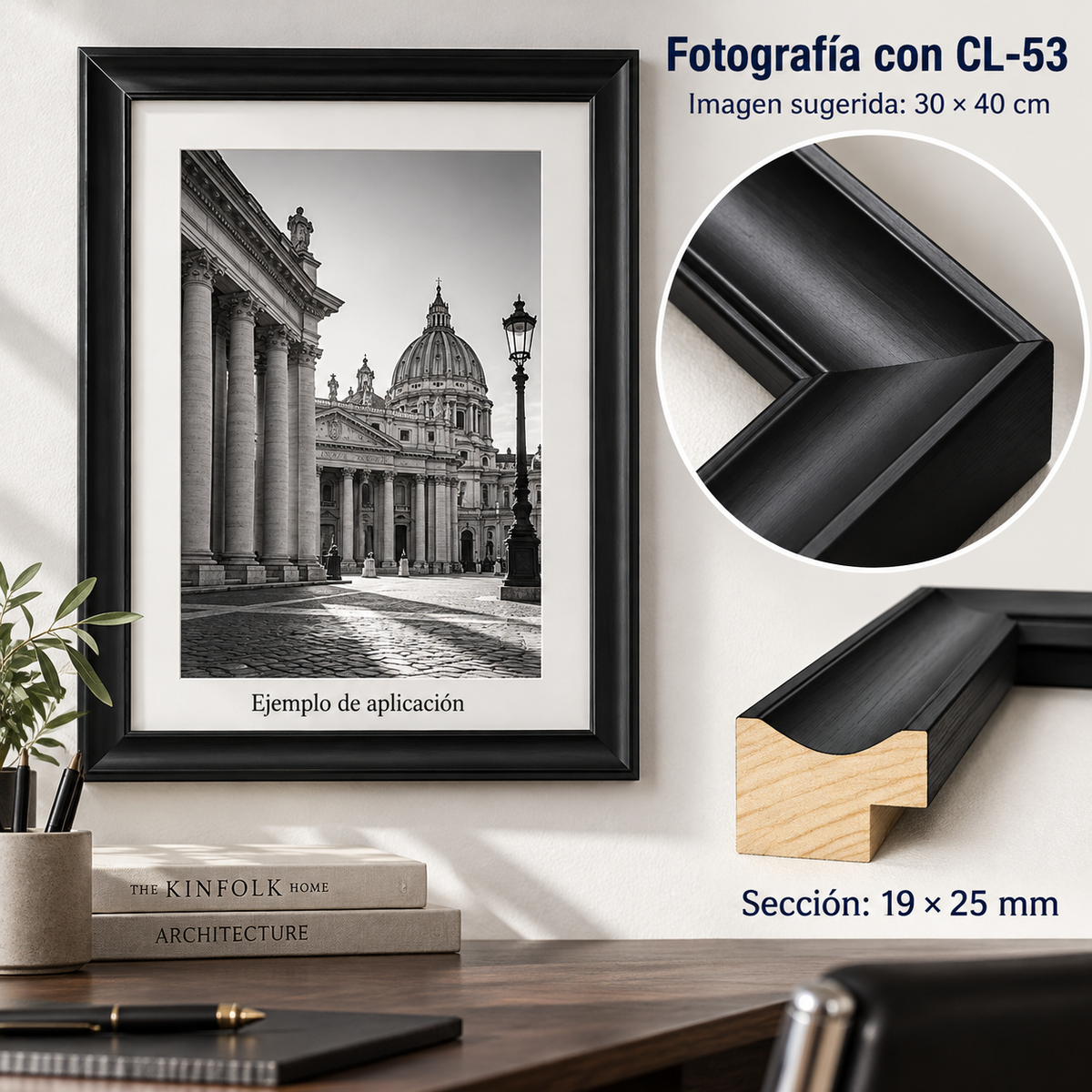 Moldura de madera lisa para marco CL53 – Kit de 4 piezas