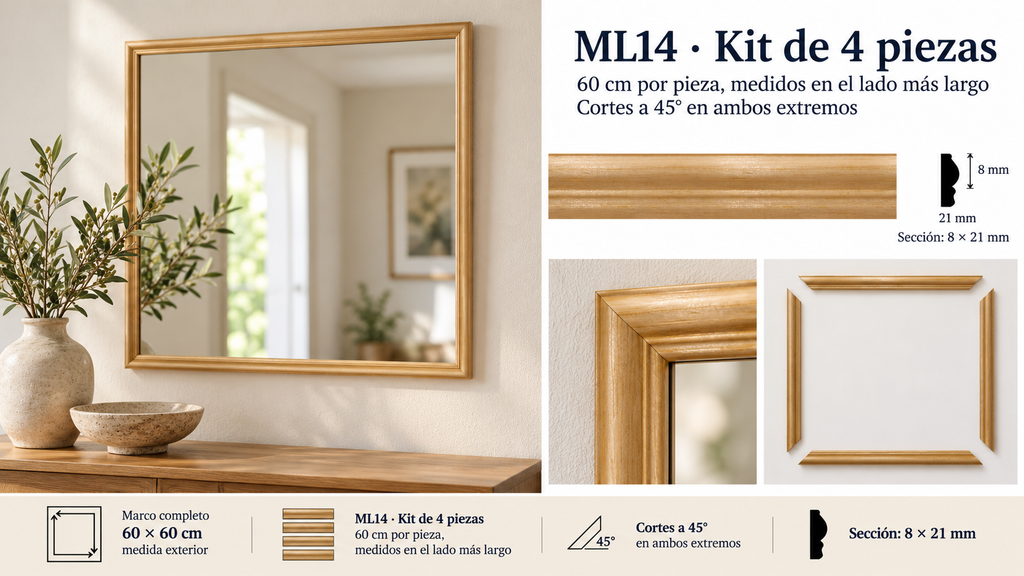 Moldura de madera lisa para mueble ML-14 – Kit de 4 Piezas