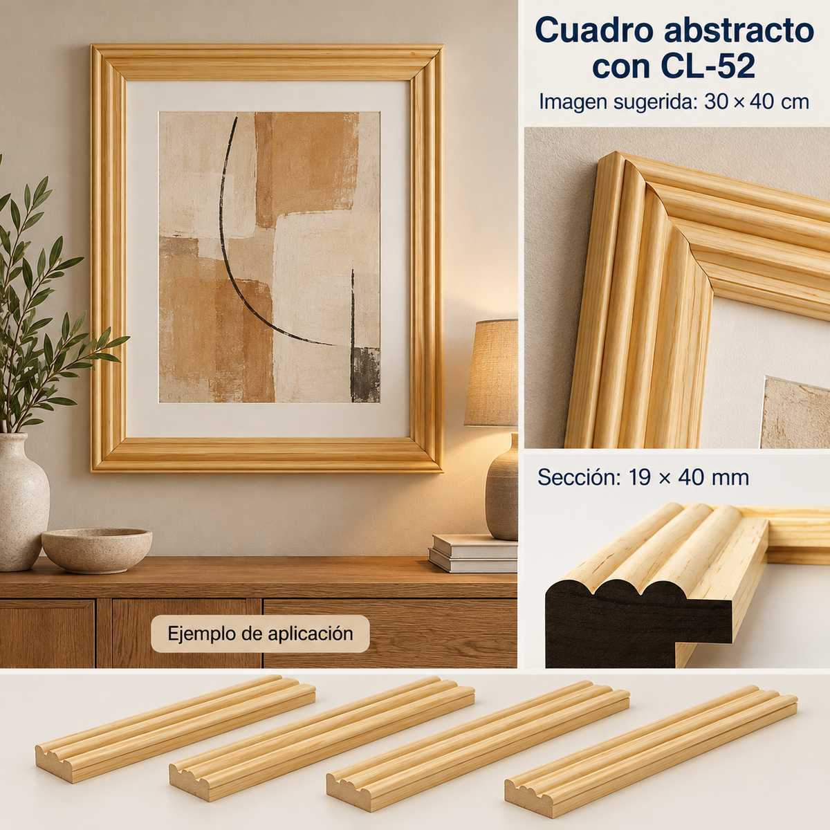 Moldura de madera lisa para marco CL52 – Kit de 4 piezas