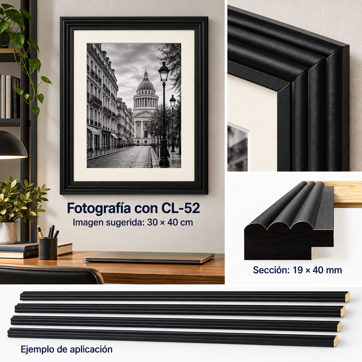 Moldura de madera lisa para marco CL52 – Kit de 4 piezas
