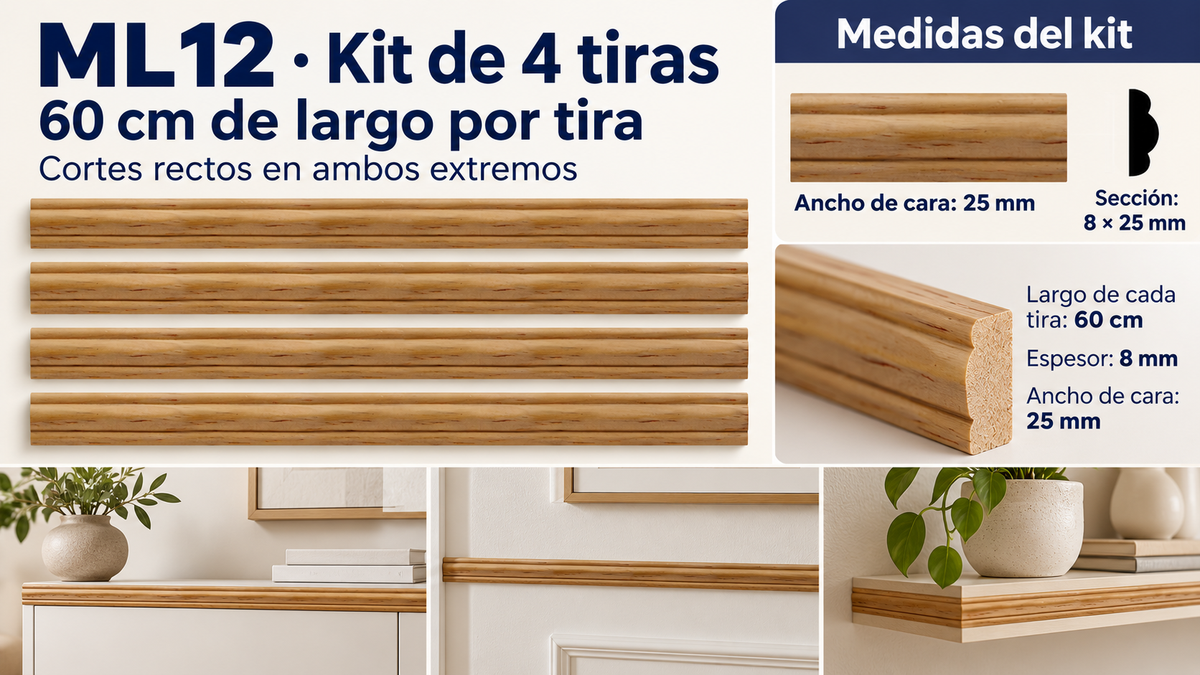 Moldura de madera lisa para mueble ML-12 – Kit de 4 Piezas