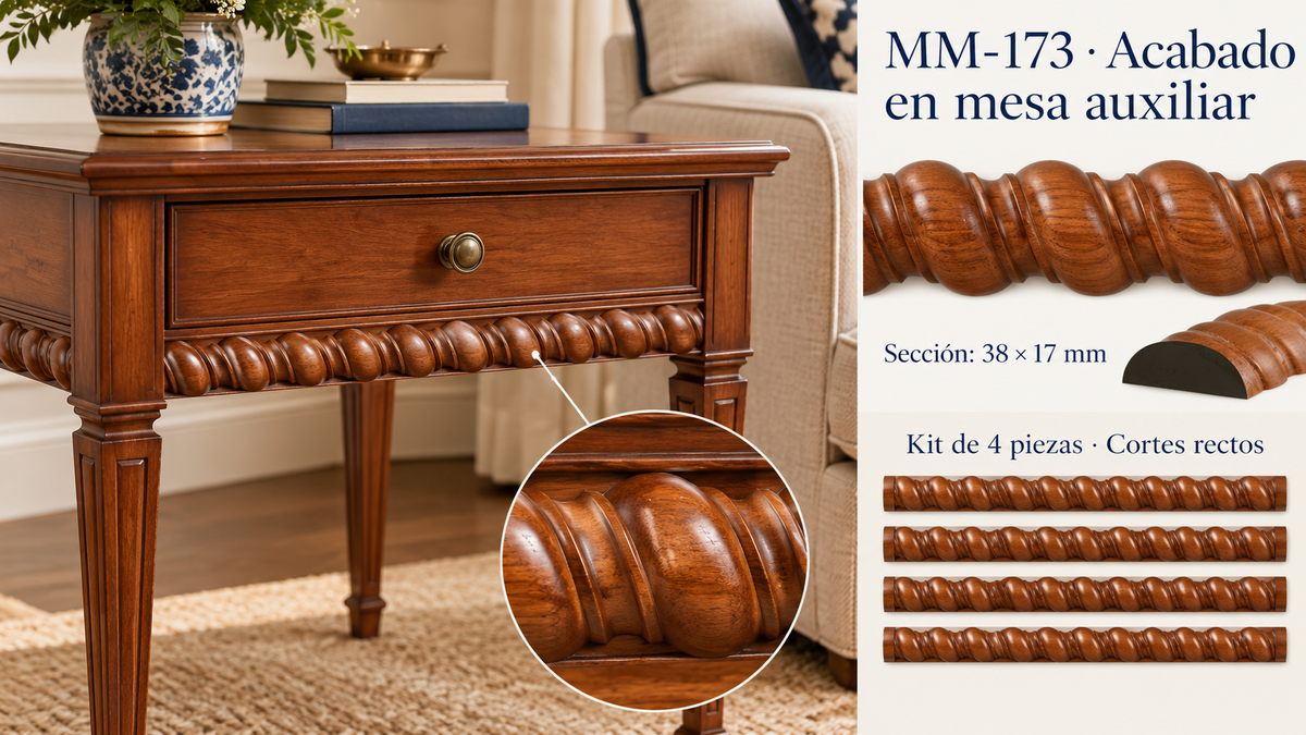Kit 8 Molduras Media Caña Grabadas MM-173 de Madera | 55 cm c/u | Pino Natural