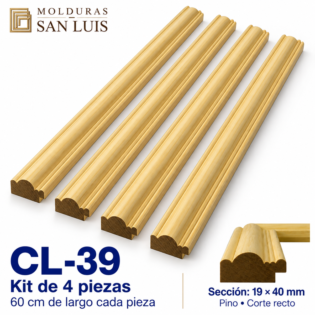 Moldura de madera lisa para marco CL39 – Kit de 4 piezas