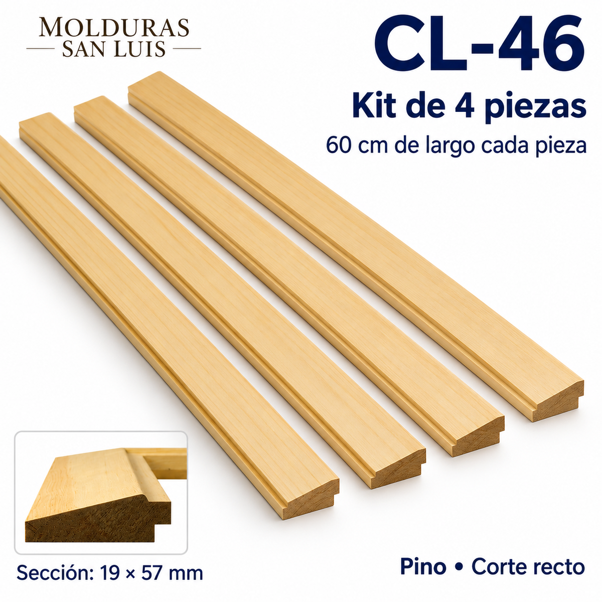Moldura de madera lisa para marco CL46 – Kit de 4 piezas
