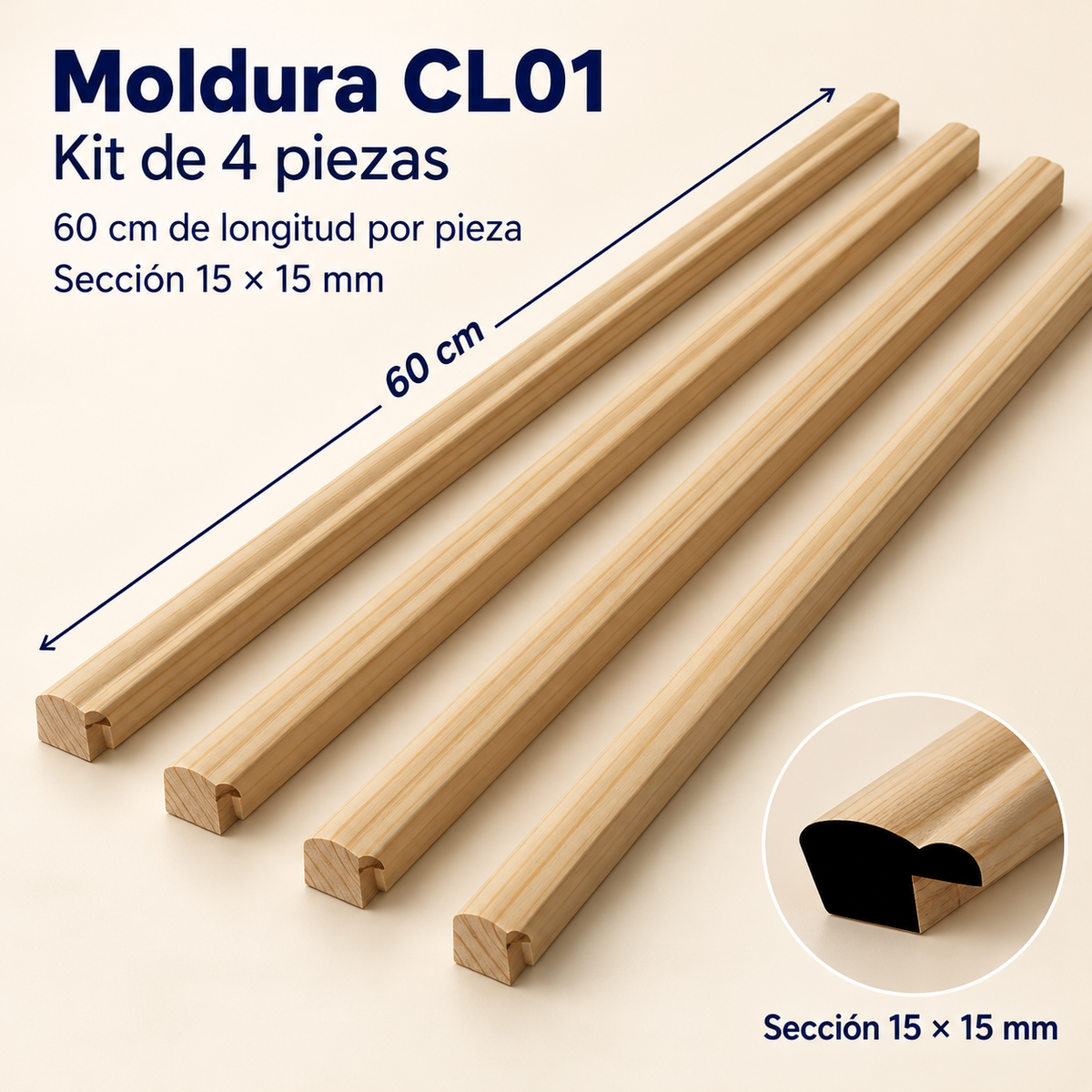 Moldura de madera lisa para marco CL01 – Kit de 4 piezas