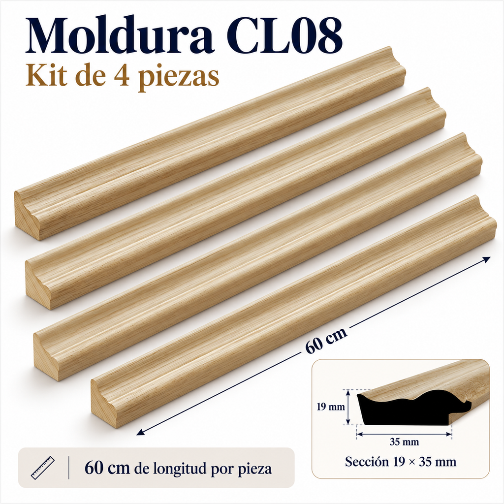 Moldura de madera lisa para marco CL08 – Kit de 4 piezas