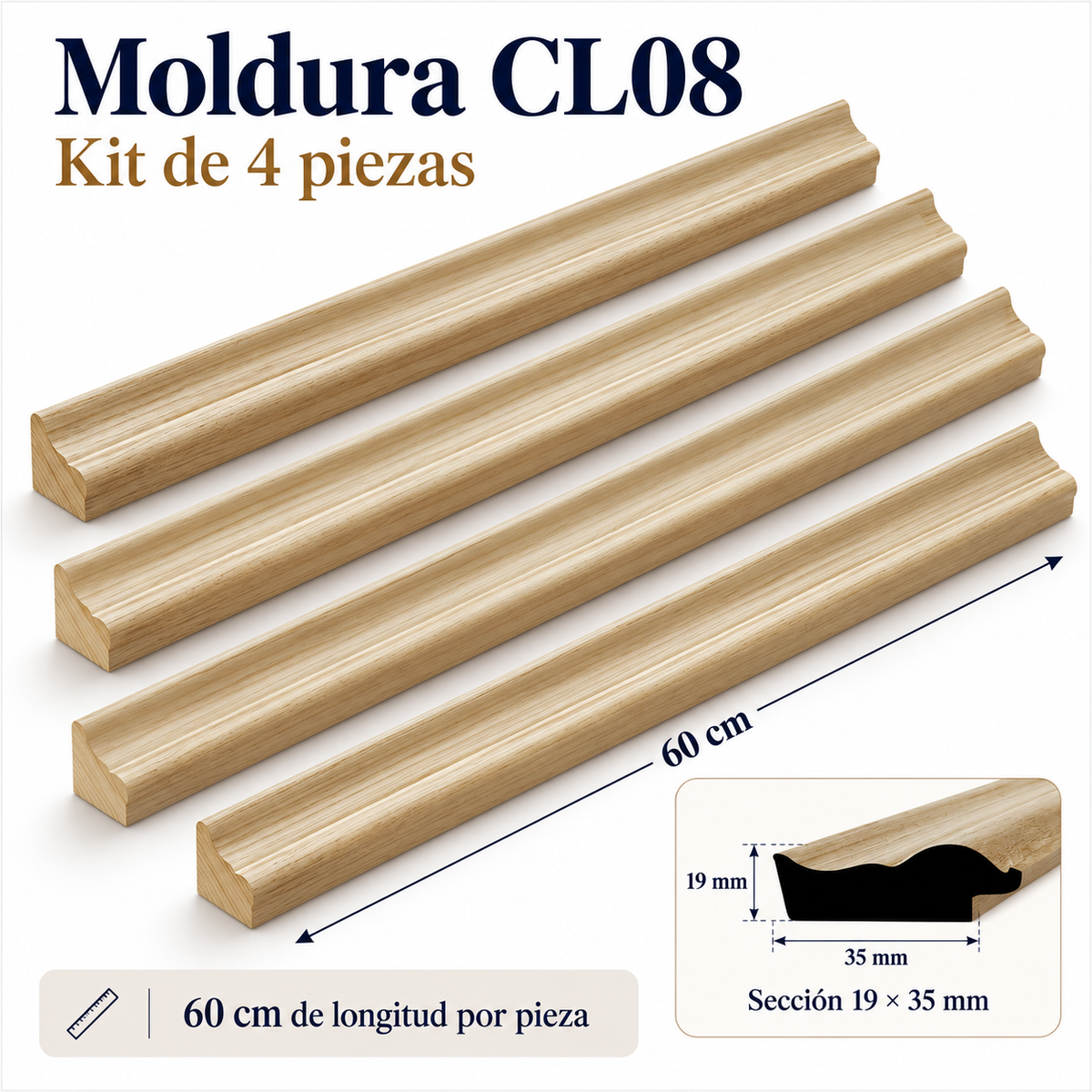 Moldura de madera lisa para marco CL08 – Kit de 4 piezas