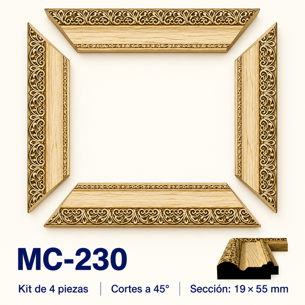 Moldura de madera grabada para marco MC230 – Kit de 4 piezas