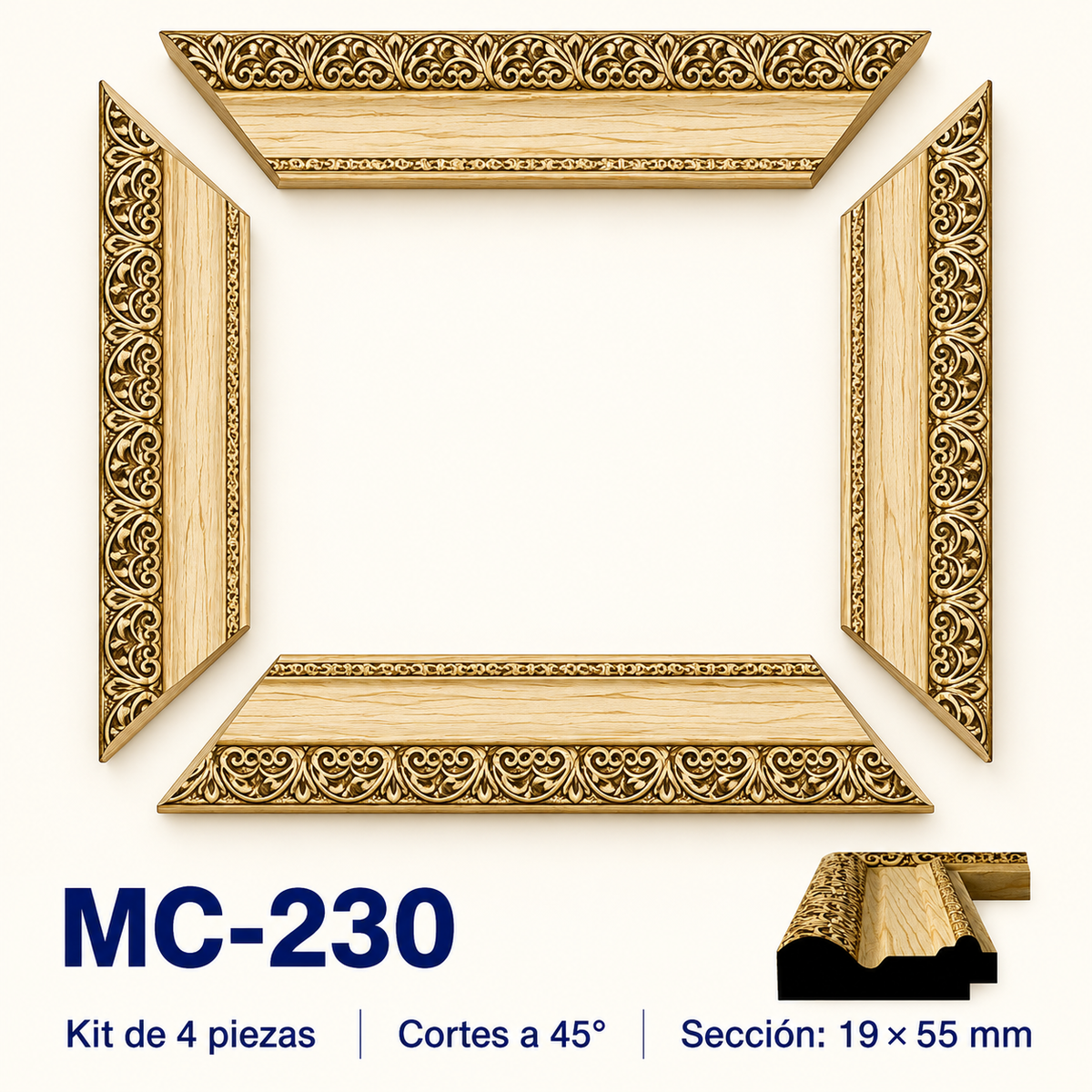 Moldura de madera grabada para marco MC230 – Kit de 4 piezas