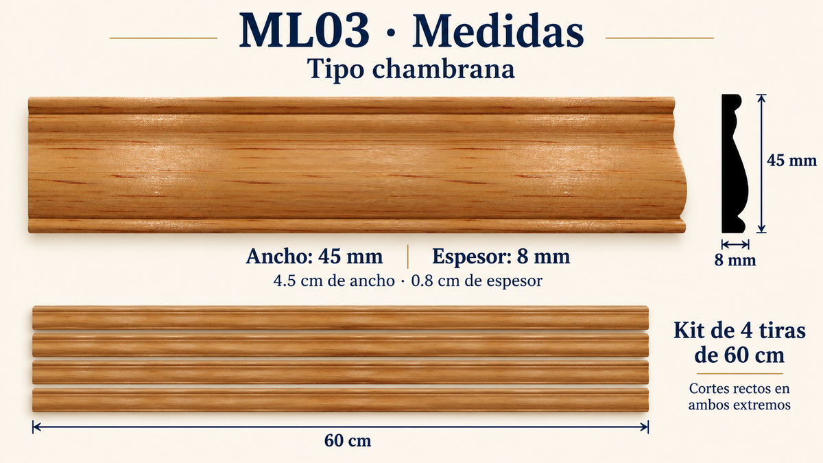Moldura de madera lisa para mueble ML-03 – Kit de 4 Piezas TIPO CHAMBRANA