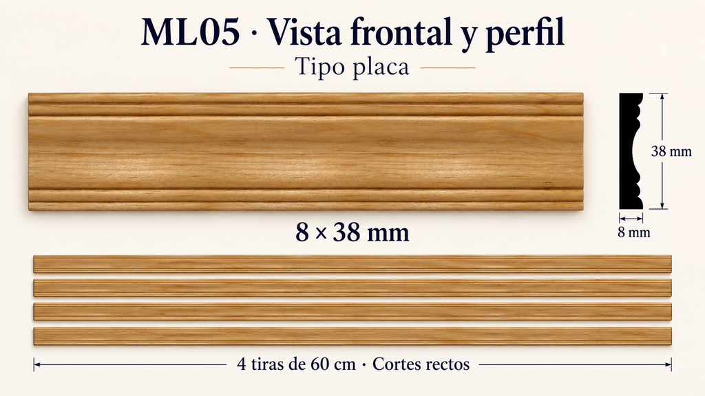 Moldura de madera lisa para mueble ML-05 – Kit de 4 Piezas TIPO PLACA