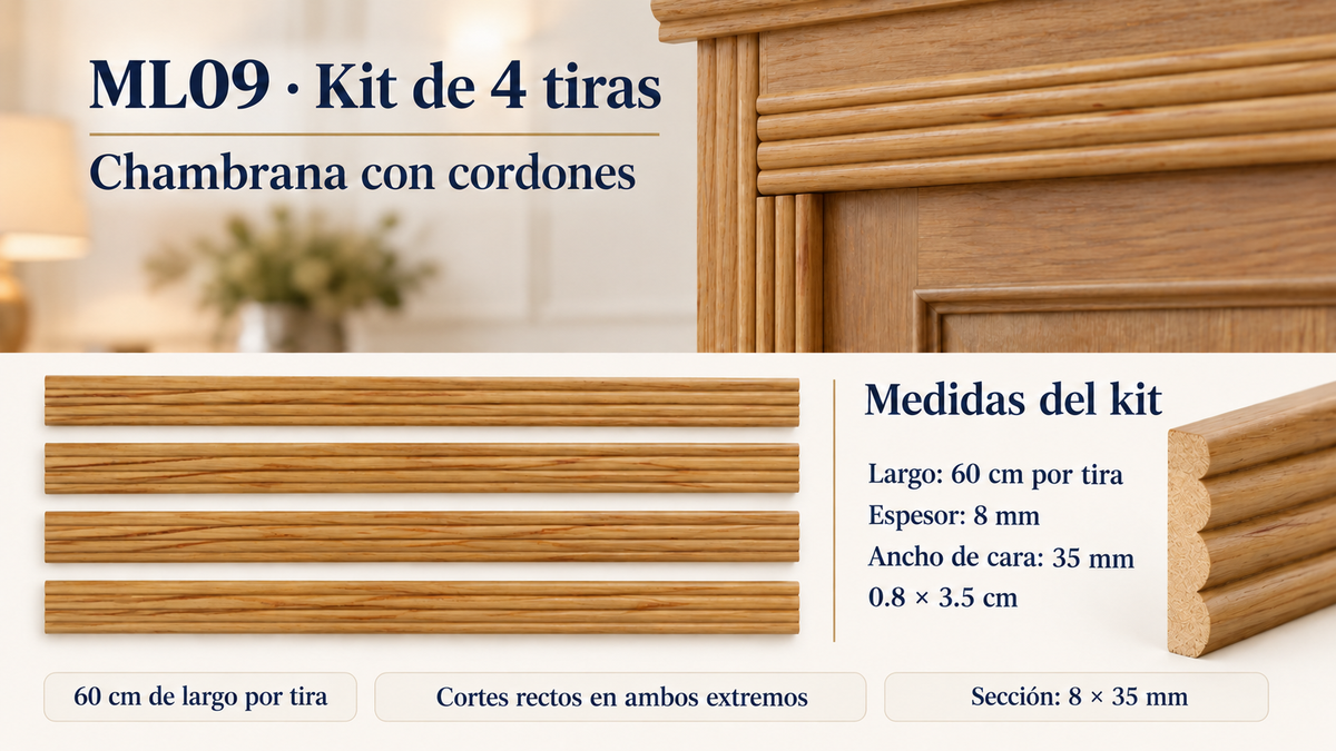 Moldura de madera lisa para mueble ML-09 – Kit de 4 Piezas TIPO CHAMBRANA CORDONES