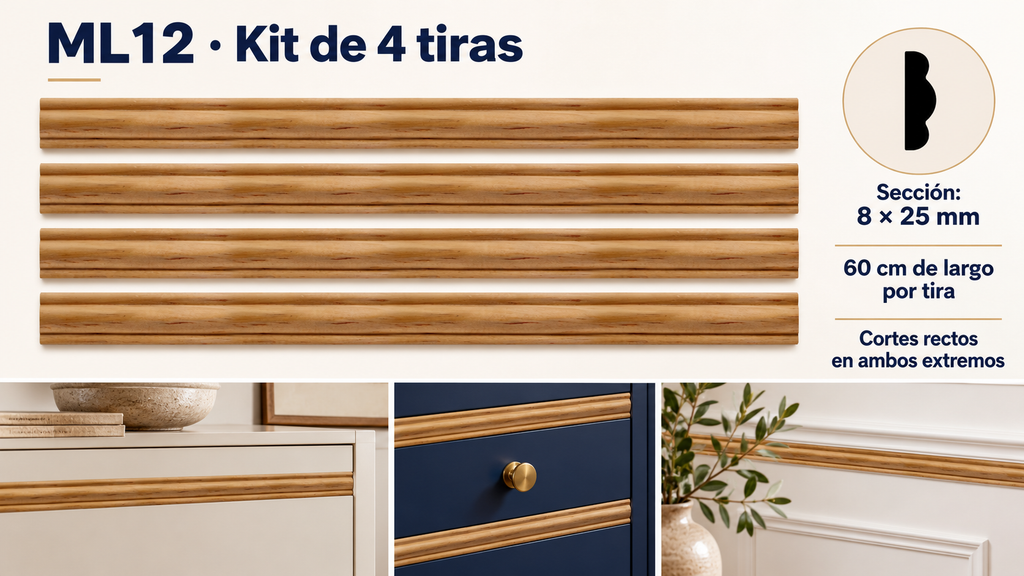 Moldura de madera lisa para mueble ML-12 – Kit de 4 Piezas