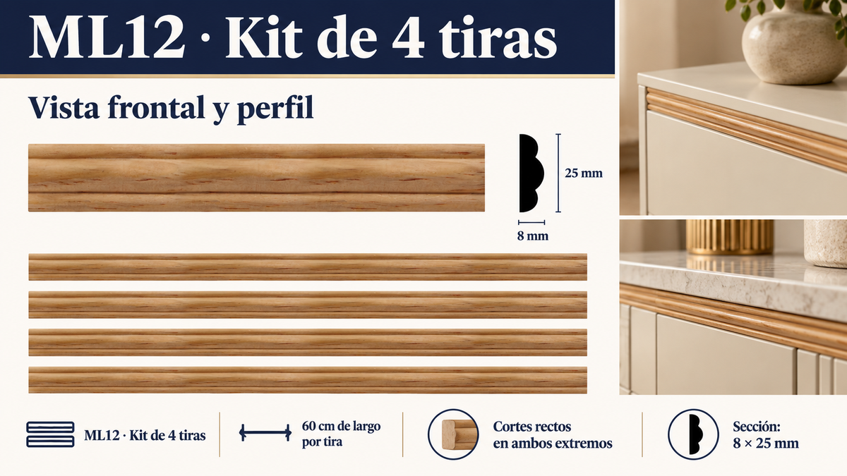 Moldura de madera lisa para mueble ML-12 – Kit de 4 Piezas