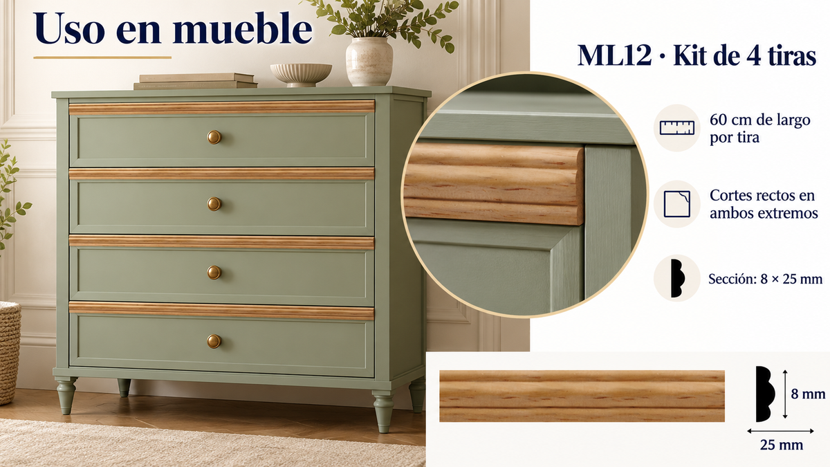 Moldura de madera lisa para mueble ML-12 – Kit de 4 Piezas