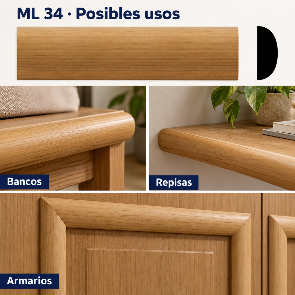 Moldura de madera lisa para mueble ML-34 – Kit de 4 Piezas TIPO MEDIA CAÑA