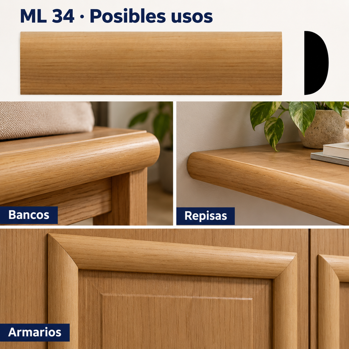 Moldura de madera lisa para mueble ML-34 – Kit de 4 Piezas TIPO MEDIA CAÑA
