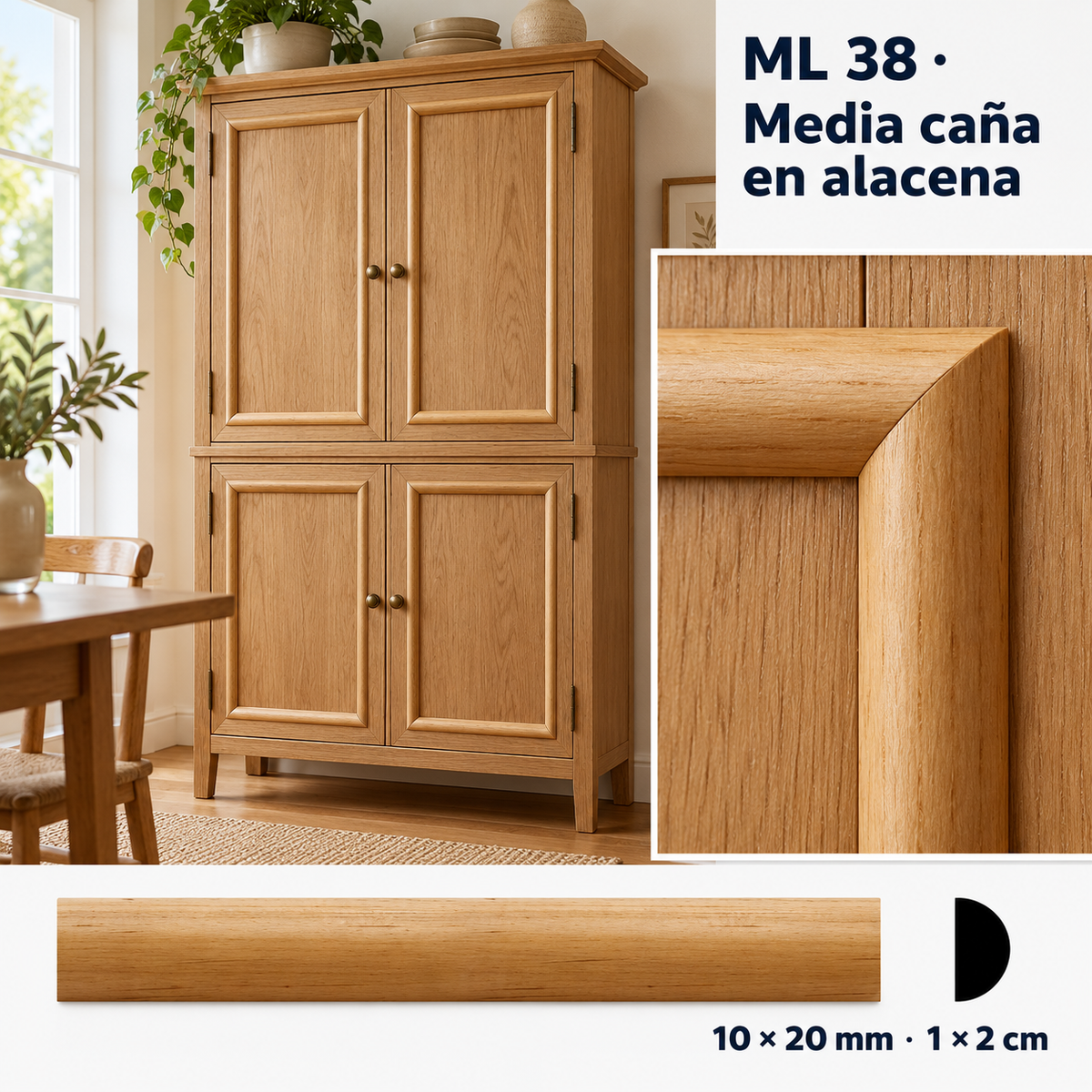 Moldura de madera lisa para mueble ML-38 – Kit de 4 Piezas TIPO MEDIA CAÑA