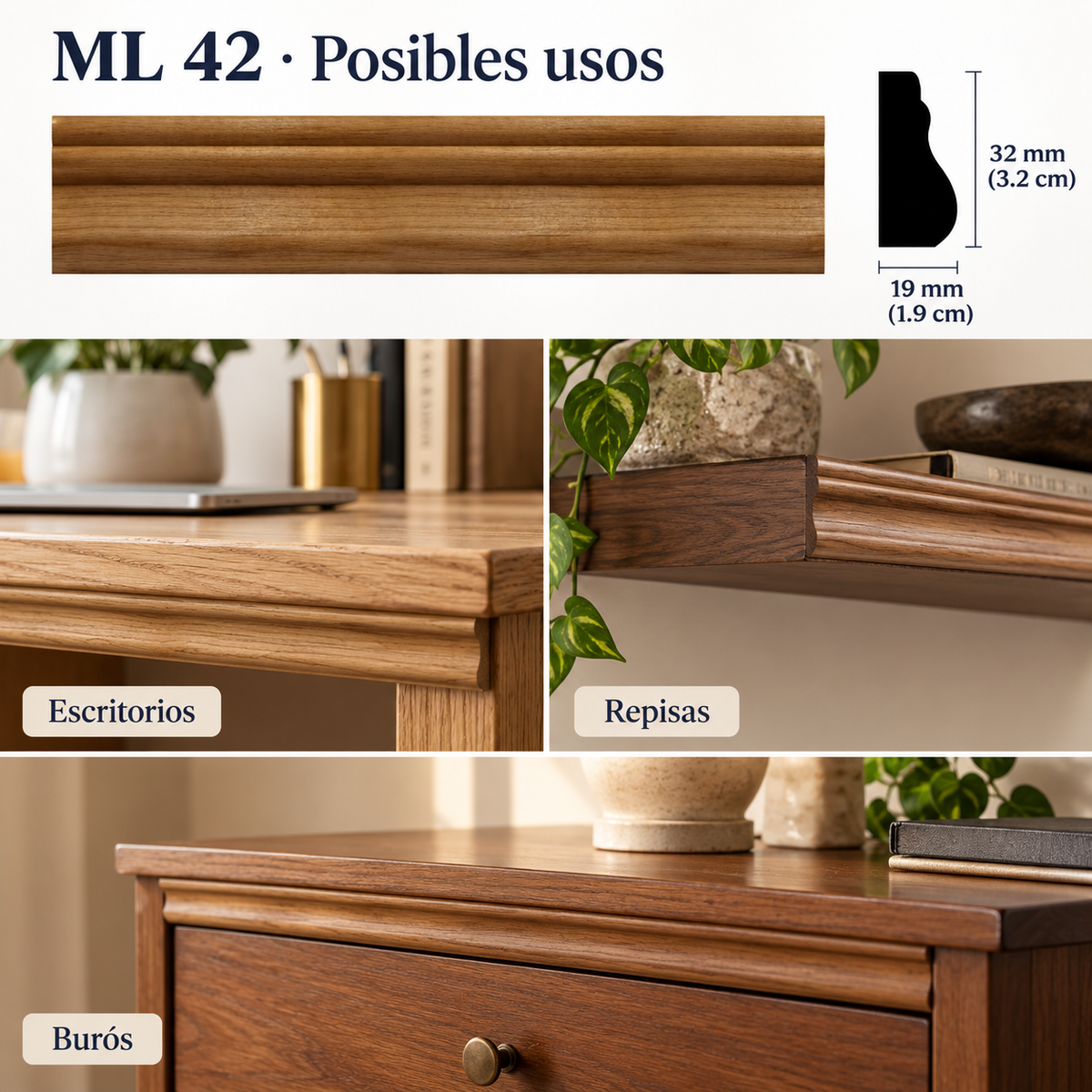 Moldura de madera lisa para mueble ML-42 – Kit de 4 Piezas TIPO PECHO PALOMA