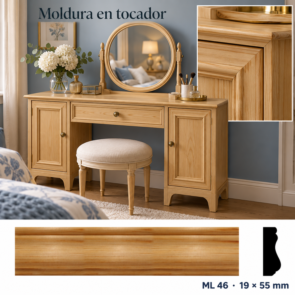 Moldura de madera lisa para mueble ML-46 – Kit de 4 Piezas