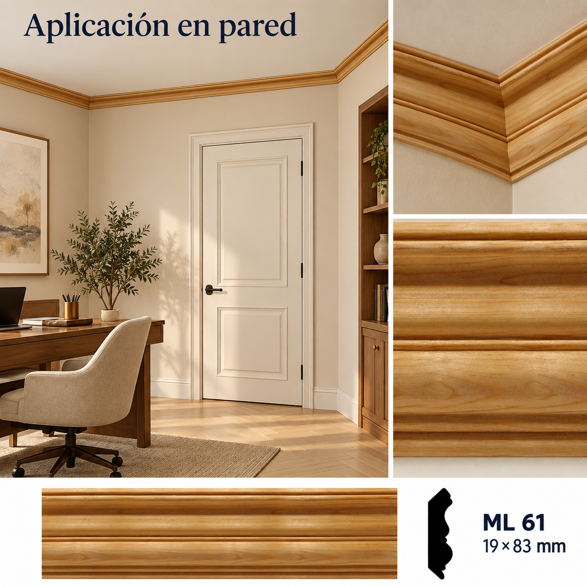 Moldura de madera lisa para mueble ML-61 – Kit de 4 Piezas CORNISA