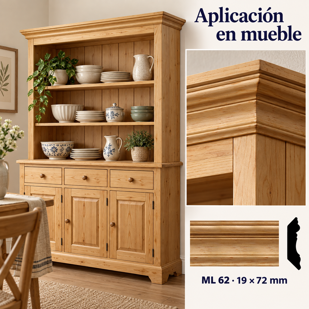 Moldura de madera lisa para mueble ML-62 – Kit de 4 Piezas TIPO CORNISA