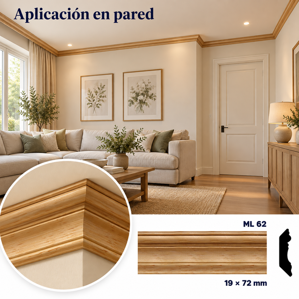 Moldura de madera lisa para mueble ML-62 – Kit de 4 Piezas TIPO CORNISA