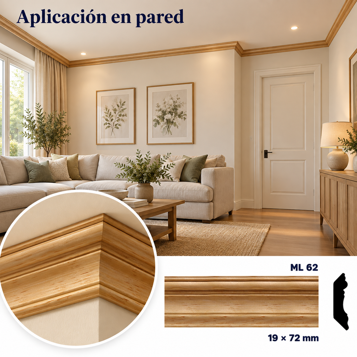 Moldura de madera lisa para mueble ML-62 – Kit de 4 Piezas TIPO CORNISA