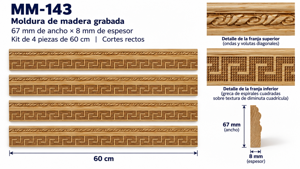 Moldura de madera grabada para mueble MM-143 – Kit de 4 piezas