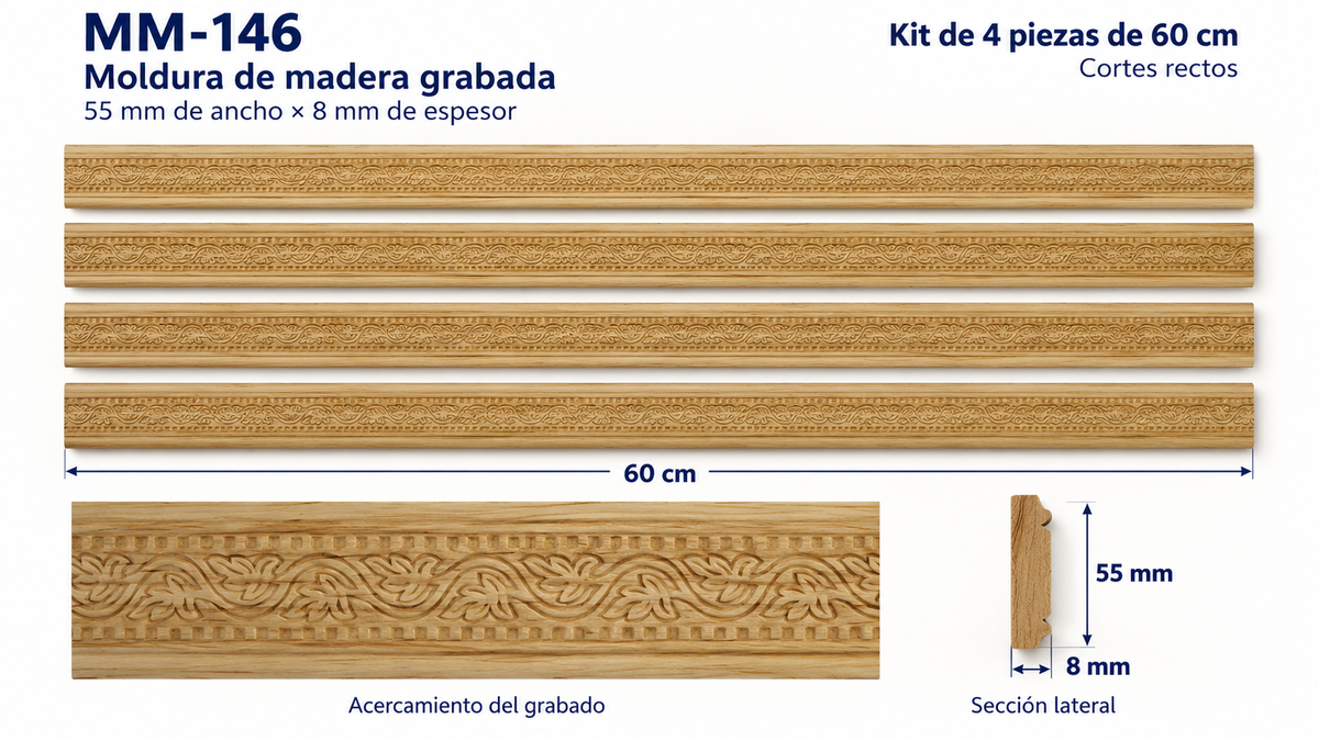 Moldura de madera grabada para mueble MM-144 – Kit de 4 piezas