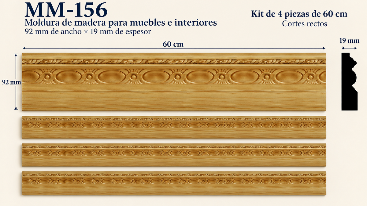 Moldura de madera grabada para mueble MM-156 – Kit de 4 piezas