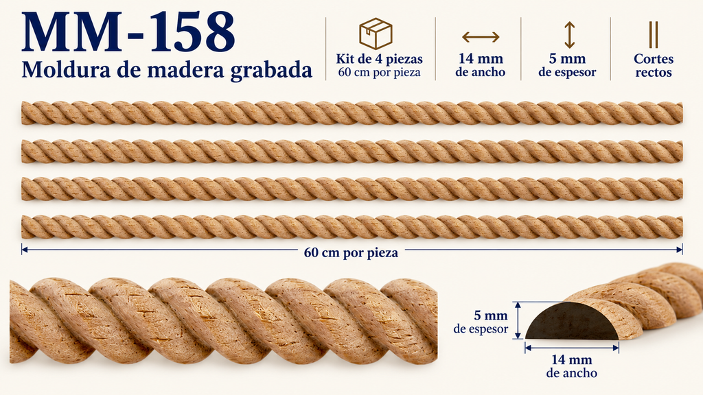Kit 8 Molduras Media Caña Grabadas MM-158 de Madera | 55 cm c/u | Pino Natural