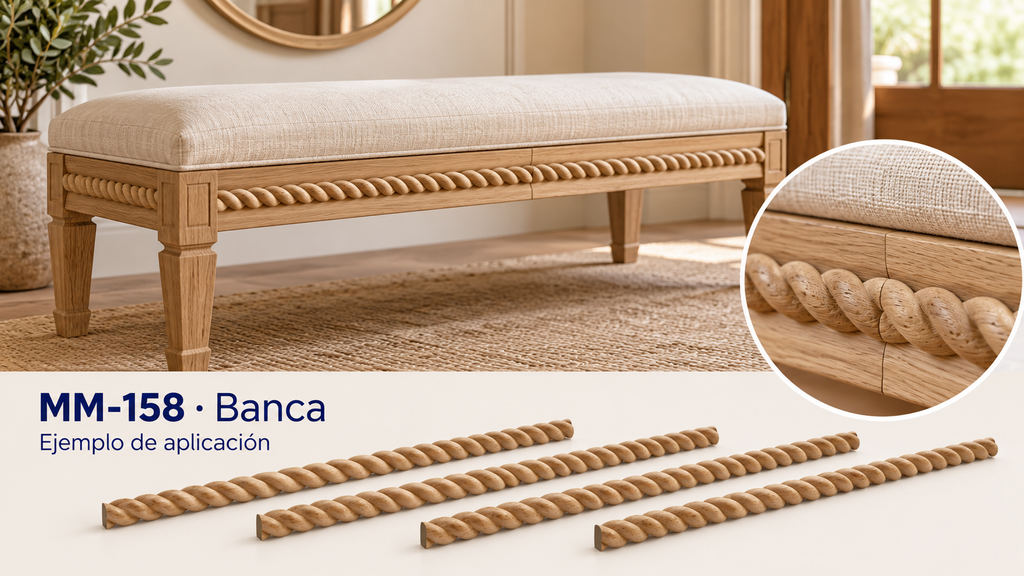 Kit 8 Molduras Media Caña Grabadas MM-158 de Madera | 55 cm c/u | Pino Natural