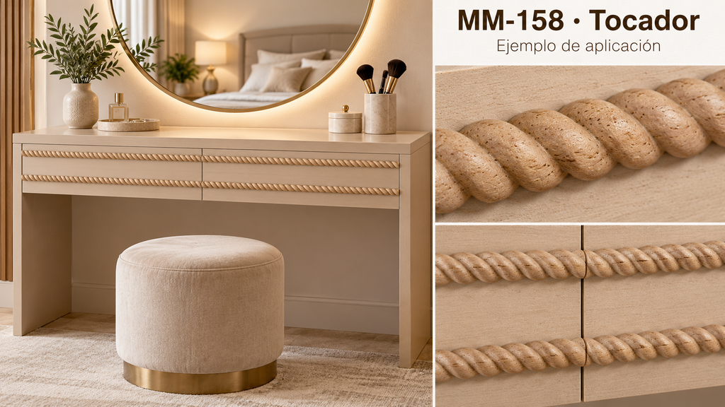 Kit 8 Molduras Media Caña Grabadas MM-158 de Madera | 55 cm c/u | Pino Natural