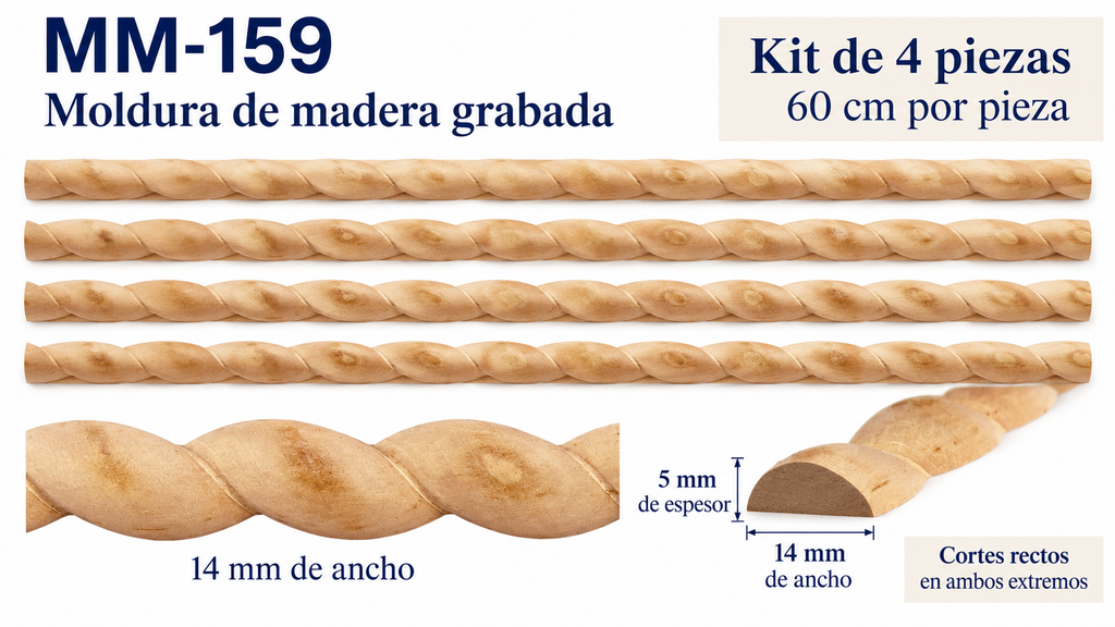 Kit 8 Molduras Media Caña Grabadas MM-159 de Madera | 55 cm c/u | Pino Natural
