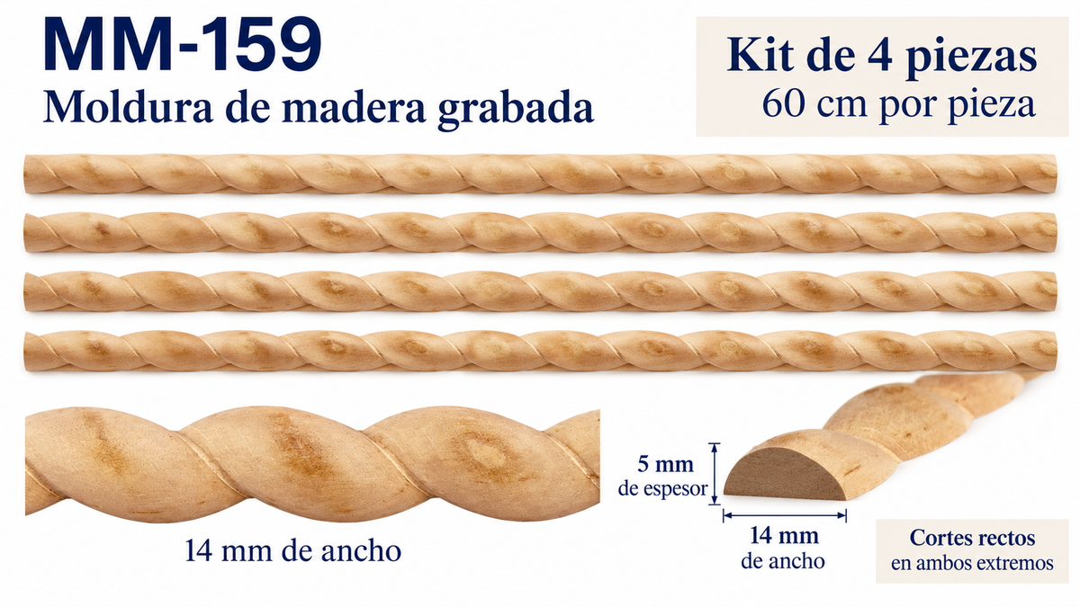 Kit 8 Molduras Media Caña Grabadas MM-159 de Madera | 55 cm c/u | Pino Natural