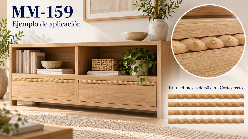 Kit 8 Molduras Media Caña Grabadas MM-159 de Madera | 55 cm c/u | Pino Natural