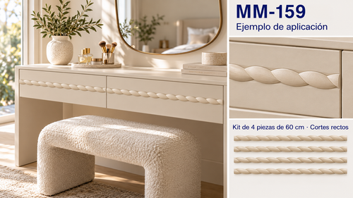 Kit 8 Molduras Media Caña Grabadas MM-159 de Madera | 55 cm c/u | Pino Natural