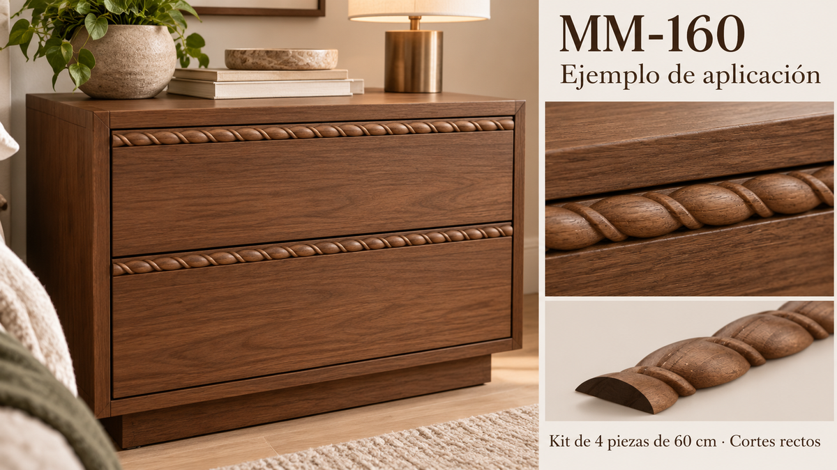 Kit 8 Molduras Media Caña Grabadas MM-160 de Madera | 55 cm c/u | Pino Natural