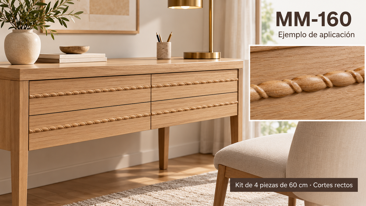 Kit 8 Molduras Media Caña Grabadas MM-160 de Madera | 55 cm c/u | Pino Natural