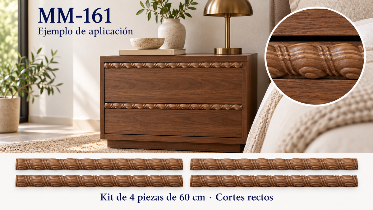 Kit 8 Molduras Media Caña Grabadas MM-161 de Madera | 55 cm c/u | Pino Natural