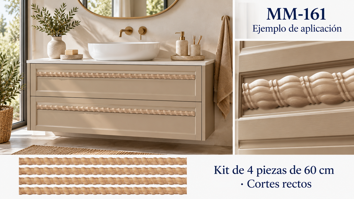 Kit 8 Molduras Media Caña Grabadas MM-161 de Madera | 55 cm c/u | Pino Natural