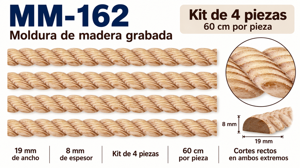 Kit 8 Molduras Media Caña Grabadas MM-162 de Madera | 55 cm c/u | Pino Natural