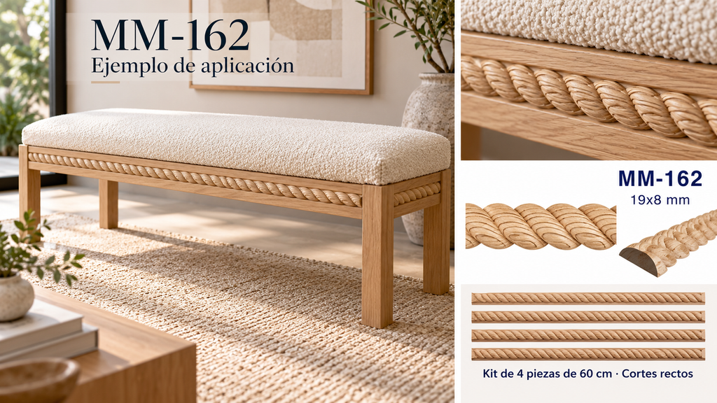 Kit 8 Molduras Media Caña Grabadas MM-162 de Madera | 55 cm c/u | Pino Natural