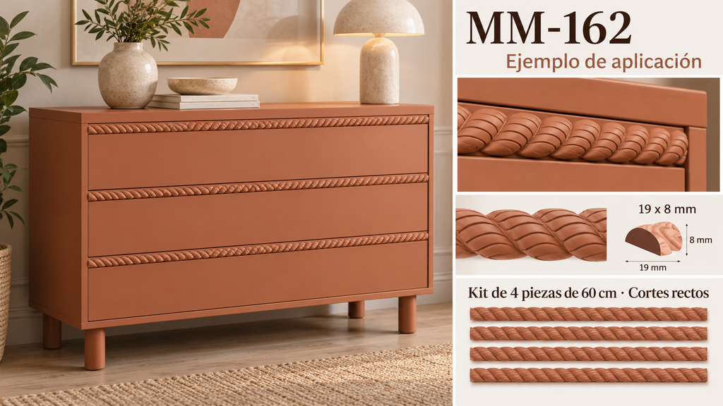 Kit 8 Molduras Media Caña Grabadas MM-162 de Madera | 55 cm c/u | Pino Natural