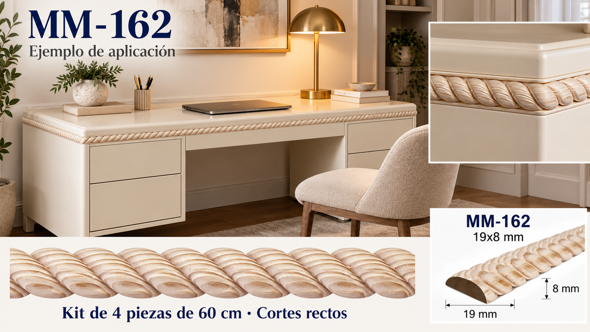 Kit 8 Molduras Media Caña Grabadas MM-162 de Madera | 55 cm c/u | Pino Natural